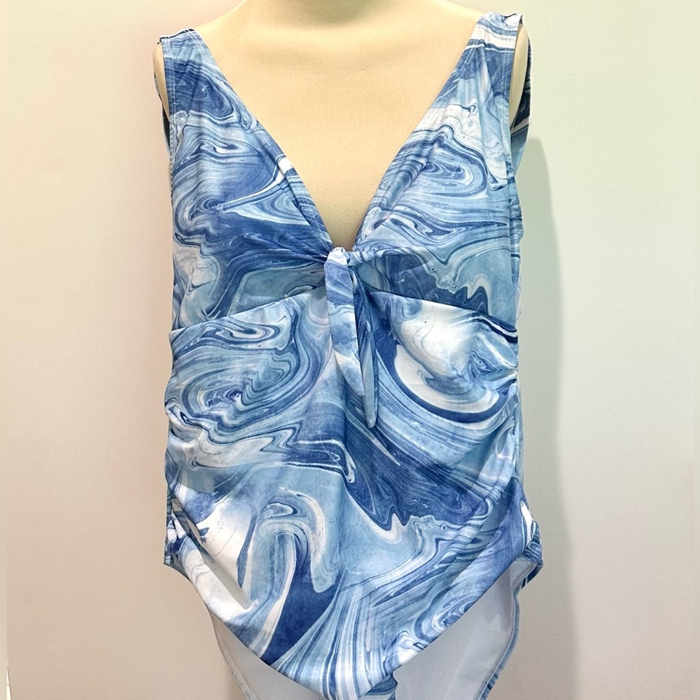 Nicole Miller Studio One Piece Swimsuit Center Tie Printed Blue Tropic Size LG